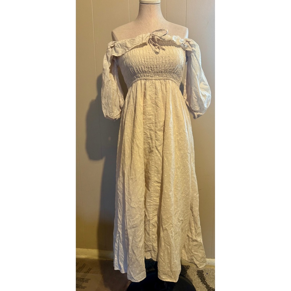 WHITE XS Swiss Dot Smocked Off Shoulder Maxi Dress Cottagecore Boho Prairie - Picture 2 of 10
